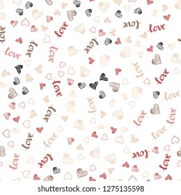 Light Pink, Yellow vector seamless background with words of love, hearts. Design in doodle style with text LOVE YOU, hearts. Pattern for trendy fabric, wallpapers.