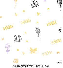 Light Pink, Yellow vector seamless pattern in christmas style. Design in xmas style with aheart, baloon, candy, gift, star, ribbon. Pattern for new year ads.