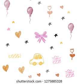 Light Pink, Yellow vector seamless backdrop with holiday gifts. Illustration with a colorful toy car, heart, baloon, tulip, candy, ball. Pattern for new year ads.