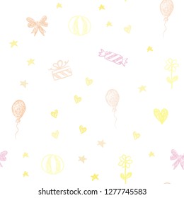 Light Pink, Yellow vector seamless layout in new year style. Illustration with a gradientheart, baloon, candy, gift, star, ribbon. Template for new year postcards.