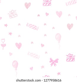 Light Pink, Yellow vector seamless template in carnival style. Illustration with a colorfulheart, baloon, candy, gift, star, ribbon. Design for colorful commercials.