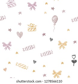 Light Pink, Yellow vector seamless backdrop in holiday style. Design in xmas style with aheart, baloon, candy, gift, star, ribbon. Pattern for carnival, festival ads.