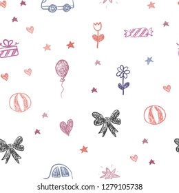 Light Pink, Yellow vector seamless background with xmas attributes. Abstract illustration with a toy car, heart, baloon, tulip, candy, ball. Pattern for new year ads.