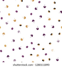 Light Pink, Yellow vector seamless pattern with coffee beans, cups. Gradient abstract collection of coffee cups and beans. Template of a black hot beverage in a cafe.