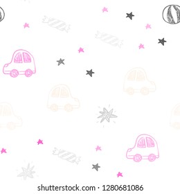 Light Pink, Yellow vector seamless texture in birthday style. Design in xmas style with a toy car, baloon, candy, star, ball. Pattern for birthday gifts.