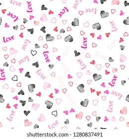 Light Pink, Yellow vector seamless template with text LOVE YOU, hearts. Design in doodle style with text LOVE YOU, hearts. Texture for window blinds, curtains.