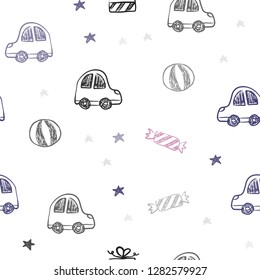 Light Pink, Yellow vector seamless texture in birthday style. Abstract illustration with a toy car, baloon, candy, star, ball. Pattern for carnival, festival ads.