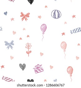 Light Pink, Yellow vector seamless template in carnival style. Illustration with a colorfulheart, baloon, candy, gift, star, ribbon. Pattern for new year ads.
