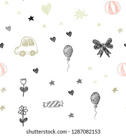 Light Pink, Yellow vector seamless template with carnival elements. Illustration with a colorful toy car, heart, baloon, tulip, candy, ball. Design for holiday adverts.