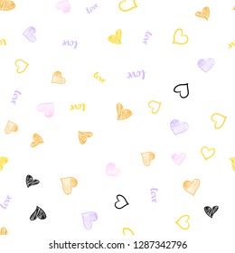 Light Pink, Yellow vector seamless pattern with phrase LOVE YOU, hearts. Romantic illustration with colorful phrase LOVE YOU, hearts. Template for business cards, websites.