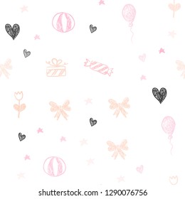 Light Pink, Yellow vector seamless layout in new year style. Colorful illustration with aheart, baloon, candy, gift, star, ribbon. Pattern for birthday gifts.