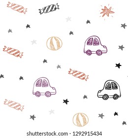 Light Pink, Yellow vector seamless template in carnival style. Illustration with a gradient toy car, baloon, candy, star, ball. Design for colorful commercials.