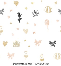 Light Pink, Yellow vector seamless texture in birthday style. Design in xmas style with aheart, baloon, candy, gift, star, ribbon. Pattern for carnival, festival ads.