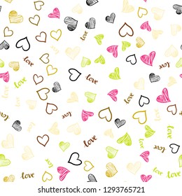 Light Pink, Yellow vector seamless cover with quote LOVE YOU, hearts. Illustration with words of love, hearts in abstract style. Design for wallpaper, fabric makers.