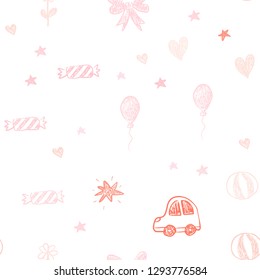 Light Pink, Yellow vector seamless background with xmas attributes. Design in xmas style with a toy car, heart, baloon, tulip, candy, ball. Design for holiday adverts.