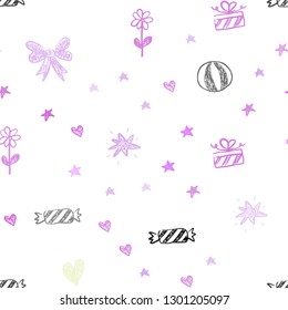 Light Pink, Yellow vector seamless pattern with christmas toys. Design in xmas style with a toy car, heart, baloon, tulip, candy, ball. Pattern for carnival, festival ads.