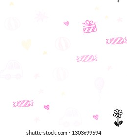 Light Pink, Yellow vector seamless layout with new year gifts. Colorful illustration with a toy car, heart, baloon, tulip, candy, ball. Pattern for birthday gifts.
