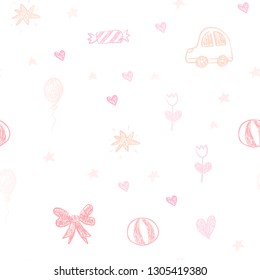 Light Pink, Yellow vector seamless texture with birthday gifts. Colorful illustration with a toy car, heart, baloon, tulip, candy, ball. Pattern for new year ads.
