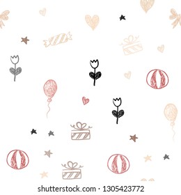 Light Pink, Yellow vector seamless pattern in christmas style. Abstract illustration with aheart, baloon, candy, gift, star, ribbon. Design for holiday adverts.