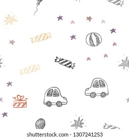 Light Pink, Yellow vector seamless template in carnival style. Illustration with a gradient toy car, baloon, candy, star, ball. Template for new year postcards.
