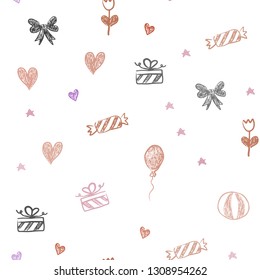 Light Pink, Yellow vector seamless texture in birthday style. Design in xmas style with aheart, baloon, candy, gift, star, ribbon. Pattern for new year ads.
