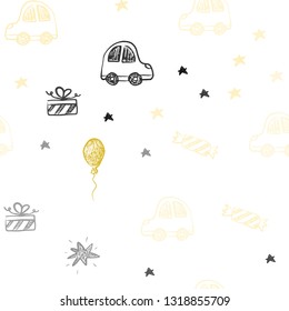 Light Pink, Yellow vector seamless background in xmas style. Illustration with a gradient toy car, baloon, candy, star, ball. Design for colorful commercials.