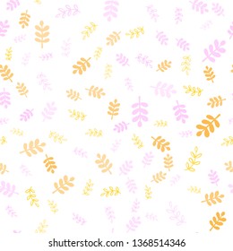 Light Pink, Yellow vector seamless elegant wallpaper with leaves, branches. Doodle illustration of leaves and branches in Origami style. Pattern for design of fabric, wallpapers.