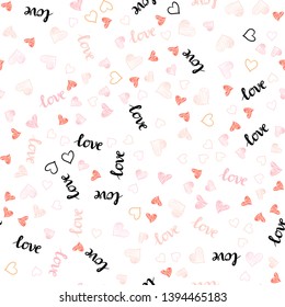 Light Pink, Yellow vector seamless pattern with phrase LOVE YOU, hearts. Design in doodle style with text LOVE YOU, hearts. Texture for window blinds, curtains.