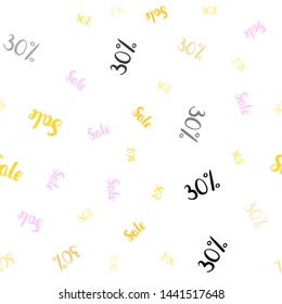 Light Pink, Yellow vector seamless layout with discount 30%. Colored words of sales with gradient on white background. Backdrop for mega promotions, discounts.
