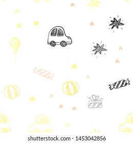 Light Pink, Yellow vector seamless pattern in christmas style. Design in xmas style with a toy car, baloon, candy, star, ball. Design for colorful commercials.