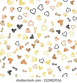 Light Pink, Yellow vector seamless pattern with phrase LOVE YOU, hearts. Illustration with words of love, hearts in abstract style. Pattern for design of fabric, wallpapers.