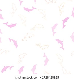 Pinta clara, Vector amarillo textura sin fisuras con delfines. Delfines marinos aislados sobre fondo blanco. Patrón de folletos marinos.