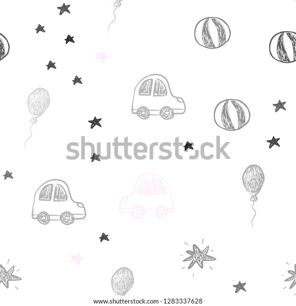Light Pink, Yellow vector seamless template\
in carnival style. Shining illustration with a toy car, baloon,\
candy, star, ball. Pattern for new year\
ads.