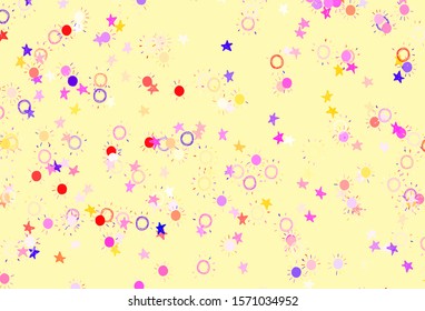 Light Pink, Yellow vector template with doodle stars, suns. Stars, suns on blurred abstract background with gradient. Best design for your ad, poster, banner.