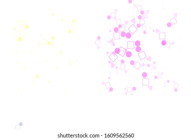 Light Pink, Yellow vector template with crystals, circles, squares. Glitter abstract illustration with spheres, squares, lines. Modern template for landing page.
