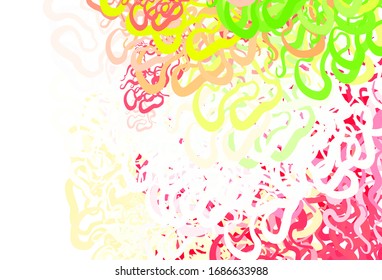 Plantilla vectorial amarillo rosa claro con líneas raras. Una brillante ilustración, que consiste en líneas curvas. Patrón de ondas coloridas para su diseño.
