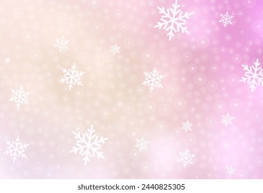 Rosa claro, plantilla de vector amarillo en estilo carnaval. Ilustración colorida con nieve y bolas de Navidad de año nuevo. Plantilla para letras, tipografía.