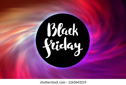 Light Pink, Yellow vector texture with a black hole, galaxy. Colorful illustration of a black hole on a starry backdrop. Backdrop for super sales on Black Friday.