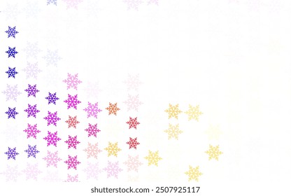 Rosa claro, textura de Vector amarillo con copos de nieve de colores, estrellas. Ilustración abstracta de brillo con formas de hielo de cristal degradado. Patrón para Sitios web de Nuevo año.
