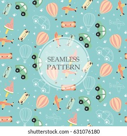 Light pink,blue seamless pattern with car,balloon,watermelon ice cream and luggage in summer