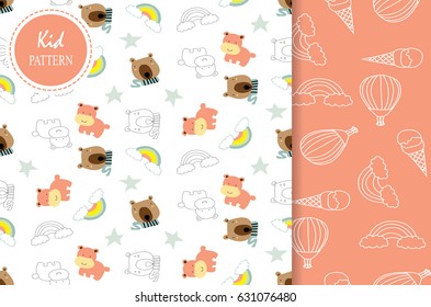 Light pink,white seamless pattern with bear,rainbow,ice cream and hippopotamus