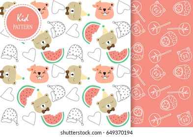 Light pink,white seamless pattern with squirrel,bear,pig,watermelon and tree