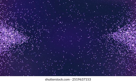 Light pixel pattern background. Abstract mosaic texture with digital data grid graphic. Purple color gradient with square particle side explosion. Frame for presentation with metaverse fragments