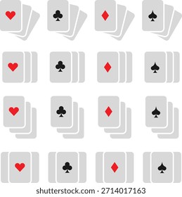 Pilas de cartas ligeras con corazón, palo, diamante e iconos de pala. Limpie los símbolos de la tarjeta de casino dispuestos en un diseño de cuadrícula suave. Perfecto para imágenes de póquer, temas de juego y la interfaz de juego moderna
