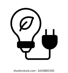 Light with plug and leaves is denoting eco power concept, glyph icon