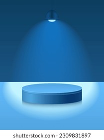 Light podium with hanging lamp, spot light. Abstract empty room with blue color cylinder stand pedestal. Vector stage for showcase, display presentation. Studio room concept