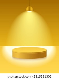 Light podium with hanging lamp, spot light. Abstract empty room with yellow color cylinder stand pedestal. Vector stage for showcase, display presentation. Studio room concept