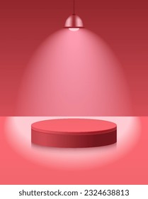 Light podium with hanging lamp, spot light. Abstract empty room with red color cylinder stand pedestal. Vector stage for showcase, display presentation. Studio room concept