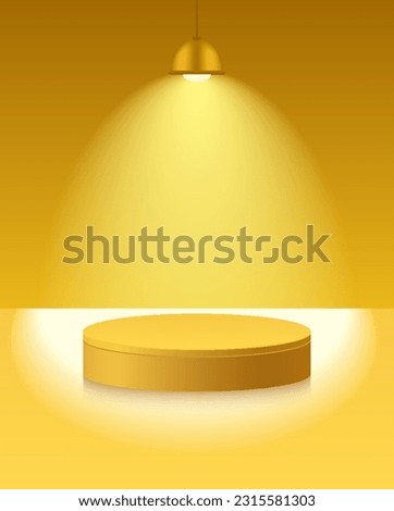 Light podium with hanging lamp, spot light. Abstract empty room with yellow color cylinder stand pedestal. Vector stage for showcase, display presentation. Studio room concept