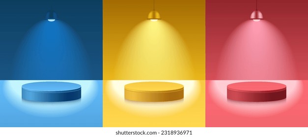 Light podium with hanging lamps, spot lights. Abstract empty room with set of red, yellow and blue color cylinder stand pedestal. Vector stage for showcase, display presentation. Studio room concept